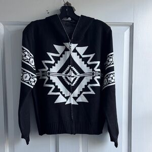 ON BLUE ZIP UP HOODIE SWEATER BLACK & WHITE NAVAJO STYLE MEDIUM